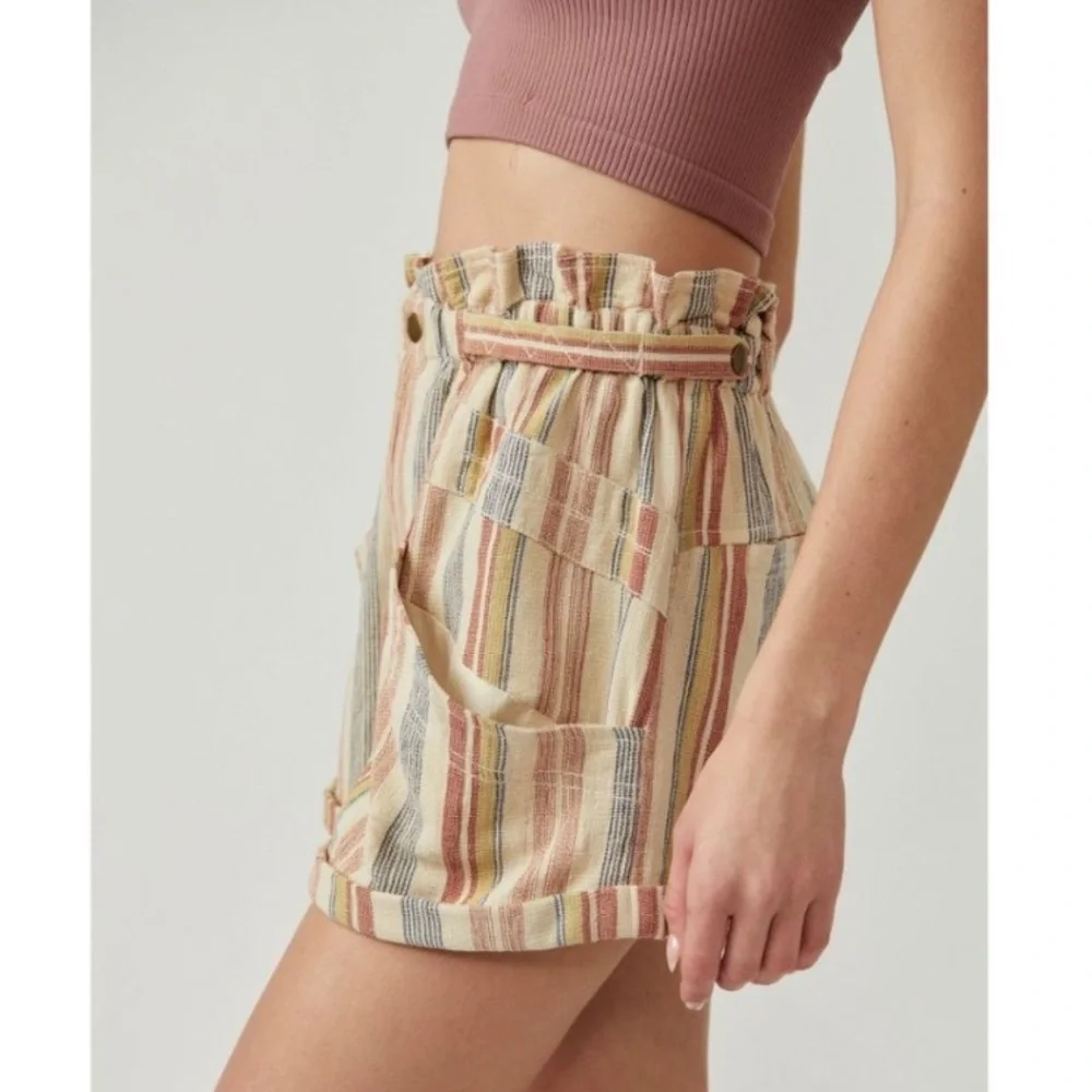 Free People Topanga Yarn Dyed Shorts New Large Boho Paper Bag Pocket striped - Picture 3 of 16